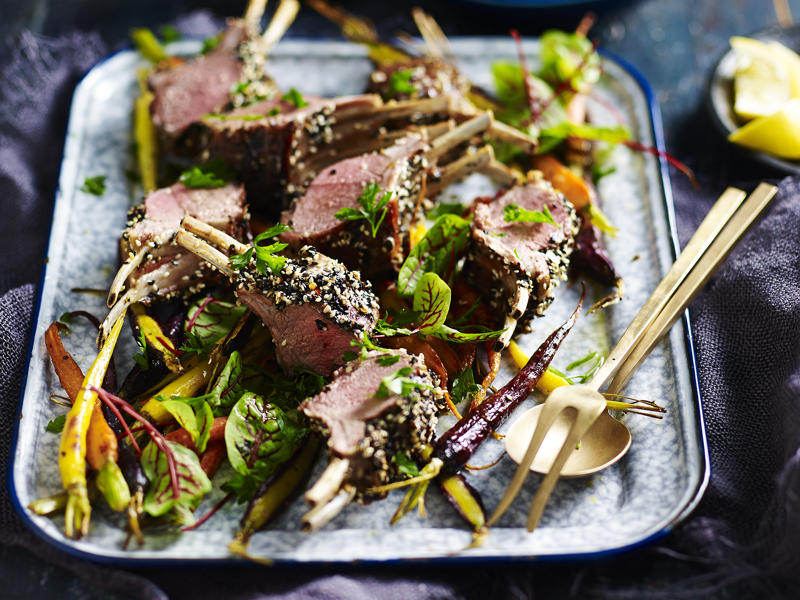 Lemon & garlic lamb kebabs with chunky Greek salad , Butterflied leg of lamb with pearl barley salad & tahini yoghurt sauce , Air fryer lamb kofta with green tahini , Air fryer lamb cutlets with carrot salad , Lamb with heirloom tomato and almond salad , Shawarma-spiced lamb chops with tzatziki , Julie Goodwin’s slow cooker lamb chops , Slow cooker lamb shoulder , Five ingredient slow-cooked lamb wraps , Pressure cooker lamb shanks curry , Slow cooker lamb ragu , Greek roast lamb with skordalia and lemony potatoes , Slow cooker massaman lamb shanks , Julie Goodwin’s lamb forequarter chops with vegetables tray bake , Julie Goodwin’s braised lamb chops in a sweet curry sauce , Osso buco with gremolata , Slow-cooker lamb with kale and pomegranate , Lamb shank osso buco , Lebanese lamb burgers , Spice-crusted lamb racks and roasted carrots , Slow cooked lamb and pumpkin soup , Spicy lamb, spinach and fetta pizzas , Lamb and potato gyros , Lamb and bean nachos with salsa fresca , Roasted eggplant with spiced lamb , Beetroot and lamb flatbreads with tahini yoghurt , Chermoulla lamb riblets , Lamb, kumara and almond curry , Chimichurri lamb cutlets , Rocket and tomato lamb burritos
