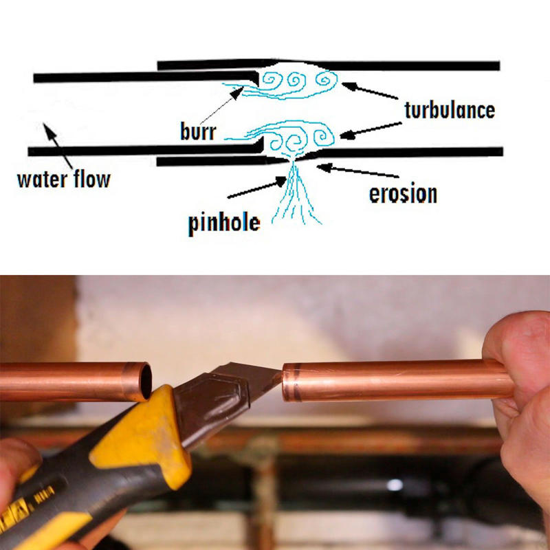 Not deburring the inside of pipes Reusing flexible hoses, Lead solder on a potable water pipes, Not deburring the inside of pipes, Dirty pipes and contaminated flux, Not enough support, Cross-threading a pipe or fitting
