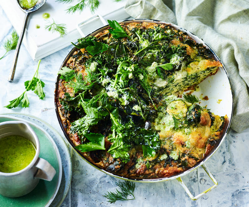 Can you reheat frittata?, Frittata recipes for breakfast, lunch and dinner, Mega vegie and haloumi frittata , Basil frittata with smoked salmon , Rainbow chard and three-cheese frittata , Roast pumpkin and zucchini frittata , Roasted pumpkin, spinach and fetta slice , Primavera frittata , Asparagus, tomato, ricotta and basil frittata , Potato, capsicum and spinach frittata , Quick three-cheese frittata , Kale and quinoa frittata , Pea and broad bean frittata , Rocket and prosciutto frittata , Ham and egg frittata , Chorizo & potato frittata , Asparagus frittata , Silverbeet frittata , Smoked trout frittata , Chilli and vegetable frittata , Broccoli and cheese frittata , Baked potato, ham and cheese frittata , Spanish frittata , Wild mushroom and green onion frittata , Potato, capsicum and olive frittata , Three-cheese pasta frittata , Zucchini and corn frittatas , Capsicum and potato frittata , Green power mini frittatas with spinach and feta , Bacon, pea and corn frittata , Asparagus & fetta frittata , Zucchini flower and tomato frittata , Tomato, feta and pancetta frittata , Why we love these frittatas, More quick & easy recipes