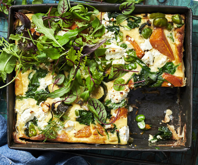 Can you reheat frittata?, Frittata recipes for breakfast, lunch and dinner, Mega vegie and haloumi frittata , Basil frittata with smoked salmon , Rainbow chard and three-cheese frittata , Roast pumpkin and zucchini frittata , Roasted pumpkin, spinach and fetta slice , Primavera frittata , Asparagus, tomato, ricotta and basil frittata , Potato, capsicum and spinach frittata , Quick three-cheese frittata , Kale and quinoa frittata , Pea and broad bean frittata , Rocket and prosciutto frittata , Ham and egg frittata , Chorizo & potato frittata , Asparagus frittata , Silverbeet frittata , Smoked trout frittata , Chilli and vegetable frittata , Broccoli and cheese frittata , Baked potato, ham and cheese frittata , Spanish frittata , Wild mushroom and green onion frittata , Potato, capsicum and olive frittata , Three-cheese pasta frittata , Zucchini and corn frittatas , Capsicum and potato frittata , Green power mini frittatas with spinach and feta , Bacon, pea and corn frittata , Asparagus & fetta frittata , Zucchini flower and tomato frittata , Tomato, feta and pancetta frittata , Why we love these frittatas, More quick & easy recipes