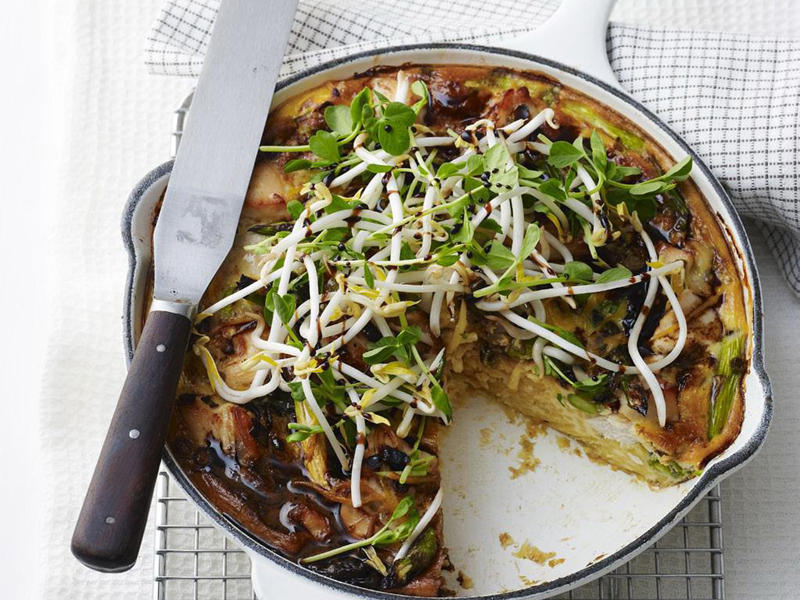 Can you reheat frittata?, Frittata recipes for breakfast, lunch and dinner, Mega vegie and haloumi frittata , Basil frittata with smoked salmon , Rainbow chard and three-cheese frittata , Roast pumpkin and zucchini frittata , Roasted pumpkin, spinach and fetta slice , Primavera frittata , Asparagus, tomato, ricotta and basil frittata , Potato, capsicum and spinach frittata , Quick three-cheese frittata , Kale and quinoa frittata , Pea and broad bean frittata , Rocket and prosciutto frittata , Ham and egg frittata , Chorizo & potato frittata , Asparagus frittata , Silverbeet frittata , Smoked trout frittata , Chilli and vegetable frittata , Broccoli and cheese frittata , Baked potato, ham and cheese frittata , Spanish frittata , Wild mushroom and green onion frittata , Potato, capsicum and olive frittata , Three-cheese pasta frittata , Zucchini and corn frittatas , Capsicum and potato frittata , Green power mini frittatas with spinach and feta , Bacon, pea and corn frittata , Asparagus & fetta frittata , Zucchini flower and tomato frittata , Tomato, feta and pancetta frittata , Why we love these frittatas, More quick & easy recipes