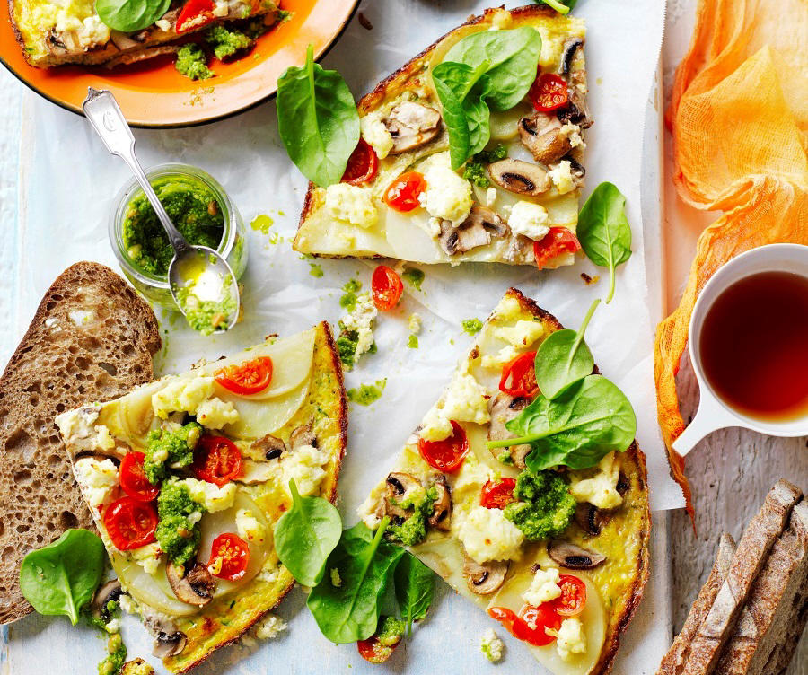Can you reheat frittata?, Frittata recipes for breakfast, lunch and dinner, Mega vegie and haloumi frittata , Basil frittata with smoked salmon , Rainbow chard and three-cheese frittata , Roast pumpkin and zucchini frittata , Roasted pumpkin, spinach and fetta slice , Primavera frittata , Asparagus, tomato, ricotta and basil frittata , Potato, capsicum and spinach frittata , Quick three-cheese frittata , Kale and quinoa frittata , Pea and broad bean frittata , Rocket and prosciutto frittata , Ham and egg frittata , Chorizo & potato frittata , Asparagus frittata , Silverbeet frittata , Smoked trout frittata , Chilli and vegetable frittata , Broccoli and cheese frittata , Baked potato, ham and cheese frittata , Spanish frittata , Wild mushroom and green onion frittata , Potato, capsicum and olive frittata , Three-cheese pasta frittata , Zucchini and corn frittatas , Capsicum and potato frittata , Green power mini frittatas with spinach and feta , Bacon, pea and corn frittata , Asparagus & fetta frittata , Zucchini flower and tomato frittata , Tomato, feta and pancetta frittata , Why we love these frittatas, More quick & easy recipes