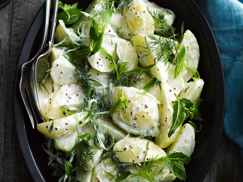 Chicken & potato salad with zesty yogurt dressing , Crispy potato salad with aioli , Spicy potato salad , Zesty yoghurt potato salad with salmon , Loaded potato salad , Prosciutto and potato salad , Quick and easy potato salad , Warm potato and broad bean salad with bacon and feta , Warm potato and chorizo salad , Warm potato and kumara salad , Barbecued potato salad with artichoke hearts in creamy mustard dressing , Chicken and potato salad , German hot potato salad , Lemon, garlic and chilli potato salad , Hayden Quinn’s Jax’s herby potato salad , Potato, tuna and egg salad , Warm potato, prawn and scallop salad , Beef, beetroot and potato salad , Warm potato and smoked trout salad , Caesar-style potato salad , Basil pesto potato salad , Potato salad with herbed cream , Warm beetroot, egg and potato salad , Balsamic potato salad , Warm kipfler potato salad , Potato, fennel and caper salad , Potato salad with green olives and dill , Potato, bean and tomato salad , Roasted salmon and warm potato salad , Potato and egg salad