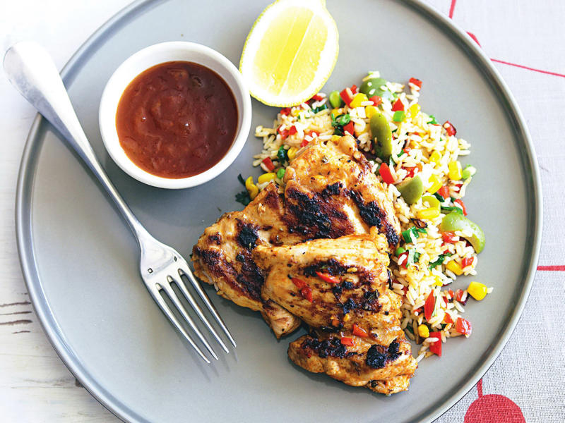          Julie Goodwin’s spiced chicken with brown rice &amp; cauliflower      ,          One pot chicken and rice      ,          Julie Goodwin’s char siu chicken with egg fried rice      ,          One-pan chicken rice with coconut      ,          One-pot apricot chicken with creamy rice      ,          Chicken rice and mega greens mega bowl with tzatziki      ,          Grilled Portuguese chicken and rice      ,          Korean-style barbecued chicken rice      ,          Sticky Thai chicken with coconut rice      ,          Smoked chicken rice salad with curried mango dressing      ,          Chicken korma rice      ,          Spicy chicken fried rice      ,          Teriyaki chicken rice burger      ,          Oven-baked risotto with chicken, rocket and tomato      ,          Chilli fried rice with chicken and broccolini      ,          Chicken and egg on rice      ,          Chinese chicken fried rice      ,          Chicken, lemongrass and rice soup      ,          White cooked chicken with ginger rice      ,          Five-spice chicken with brown rice      ,          Sweet chilli chicken with rice      