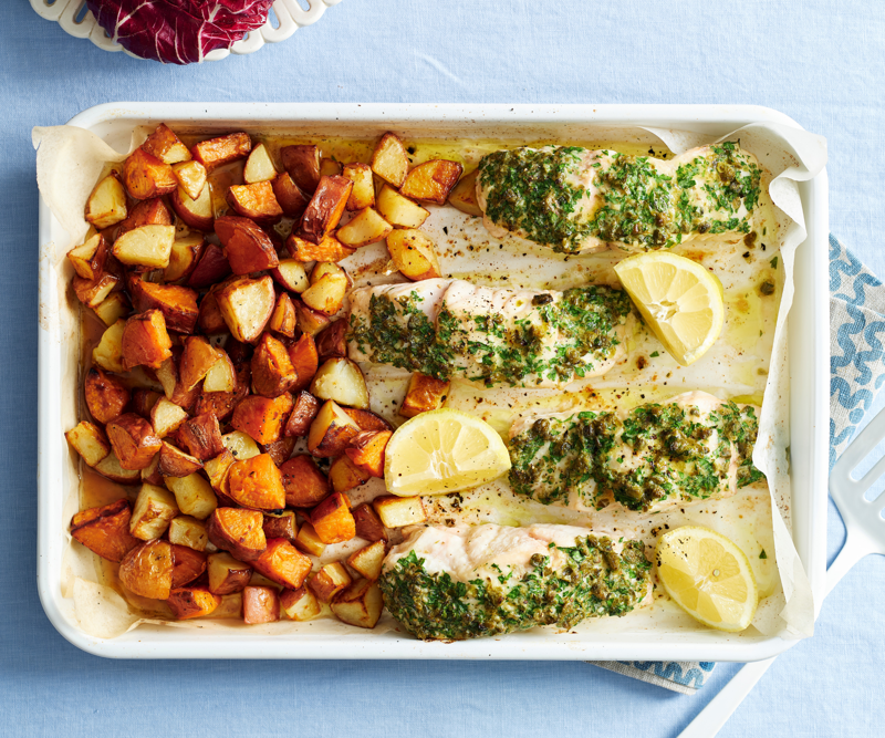 Garlic butter fish and crispy potatoes , One pan layered burrito bowl , Spicy zucchini & ricotta stuffed pasta shells , Eggplant bolognese bake , Chicken and sweet corn bake , Easy one-pan roast chicken breasts with vegies , Zucchini, tomato and ricotta bake , Chicken and sage tray bake , Ricotta and spinach pasta shell bake , Leek, bean and mushroom bake , Moroccan sweet potato bake , Lebanese lamb and potato bake , Tomato, mozzarella and chickpea pan bake , Ricotta and capsicum bake , Mexican chicken tortilla bake , Cheesy cauliflower bake , Pumpkin and ricotta bake , Mexican bake , Spicy sausage pasta bake , Pea and salmon bake , Easy, cheesy potato bake , Lentil and tomato bake , Spicy tuna pasta bake , Pumpkin bake , Snapper and tomato tray bake