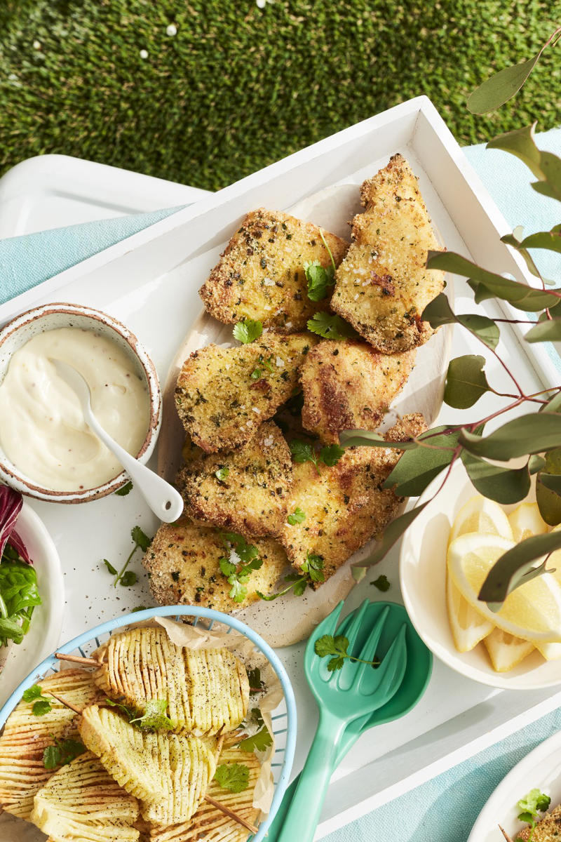 100 healthy dinner recipes your family will love, Eggplant pillows (Cuscini di melanzane) , Ginger fish stir fry , Grilled salmon and cos salad , Kale falafel salad with toasted pine nuts and hummus