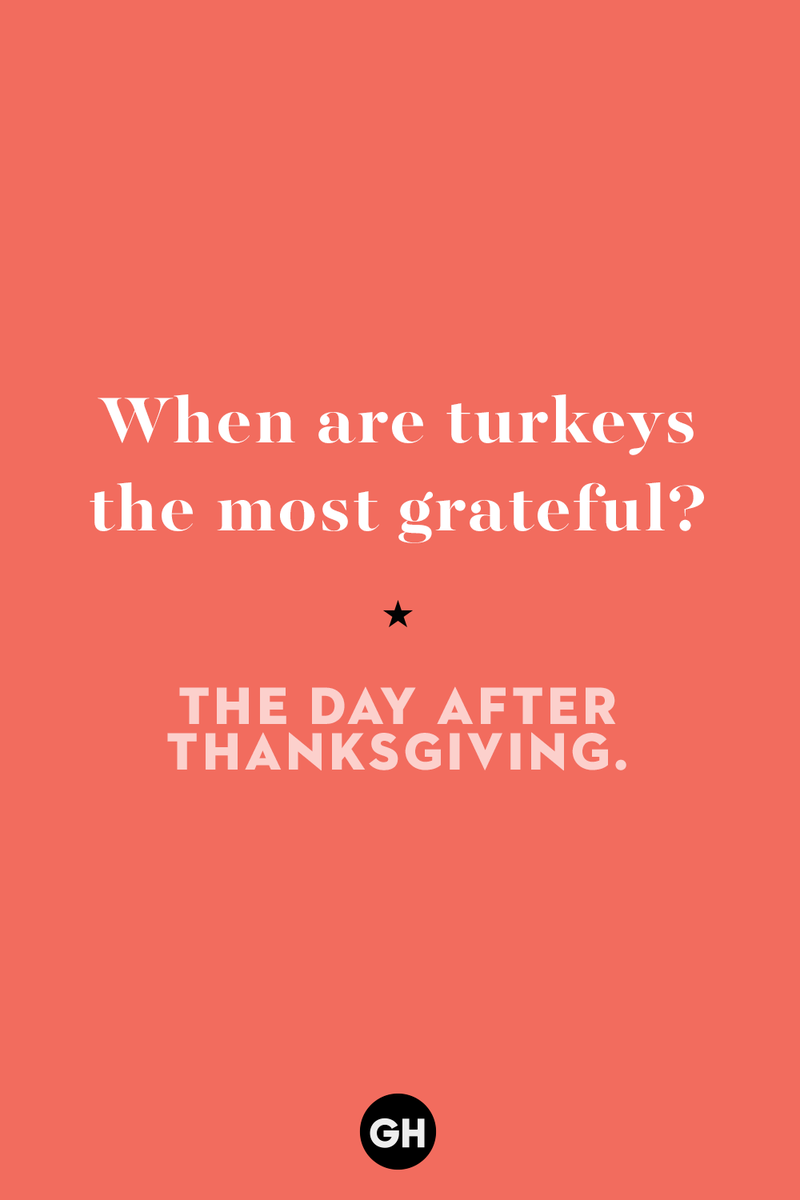 7) When are turkeys the most grateful? 1) What key can’t open any doors?, 2) What do you call a turkey who tells jokes?, 3) Why did the pie go to the dentist?, 4) Why don’t turkeys trust each other?, 5) Why did the corn go to therapy?, 6) What do you call a group of musical sweet potatoes?, 7) What do you call a running turkey?, 8) Why did the mashed potatoes go to therapy?, 9) What do you call a turkey on the day after Thanksgiving?, 10) Why did the turkey join the comedy club?, 11) What’s the best way to fix a broken pumpkin?, 12) Why did the cranberry blush?, 13) What do you need to make Thanksgiving s'mores?, 15) What's blue and covered in feathers?, 17) What did the ocean say when it saw the Mayflower crossing?, 18) Did you hear about the turkey that plays baseball?, 20) What did the pilgrim wear to dinner?, 21) What’s a pilgrim’s favorite dance?, 22) Why do pilgrims' pants always fall down?, 24) Did you hear the one about the rude turkey?, 25) What did Dad say when he was asked to say grace?, 26) Where did the Pilgrims stand after landing on Plymouth Rock?, 27) What do you call rain on Turkey Day?, 28) Why did the policeman stop you on your way home last Thanksgiving?, 29) Why was the turkey asked to join a band?, 30) When are turkeys the most grateful?, 31) Why didn't the pilgrim want to make the bread?, 32) How do little pumpkins cross the road?, 33) What Thanksgiving treat is the most popular at the kids' table?, 34) Why should you never tell secrets in a cornfield?, 35) What's something usually insulting, but not on Thanksgiving?, 36) What's the best song to sing when preparing your turkey?, 37) What should you expect at the end of Thanksgiving?, 38) Did you hear about the scarecrow who won first prize?, 39) Who should you invite to your Friendsgiving?, 40) What sound does a turkey's phone make?, 41) What do sweet potatoes wear to bed?, 44) Why is corn so popular on Thanksgiving?, 45) Why did the turkey bring a microphone to dinner?, 46) What's the smallest unit of measurement in the pilgrim cookbook?, 47) What do you call a sad cranberry?, 48) What do Thanksgiving and Halloween have in common?, 49) What did the mother turkey say to her disobedient children?, 50) What did the turkey say to the computer?, 51) What is a pumpkin's favorite sport?, 52) What kind of face does a pilgrim make when he's in pain?, 53) What was the turkey suspected of?, 54) What's the best way to stuff a turkey?, 55) Which side of the turkey has the most feathers?, 56) What would you get if you crossed a turkey with a ghost?, 57) What sound does a limping turkey make?, 59) What do you call a holiday dinner without the parents?, 60) What smells the best at a Thanksgiving dinner?, 61) What did the turkey say before it was roasted?, 62) What's a turkey's favorite Thanksgiving food?, 63) What happened when the turkey got into a fight?, 64) What’s the most musical part of a turkey?, 65) When is the turkey soup bad for your health?, 66) Why can’t you take a turkey to church?, 67) What do you call a running turkey?, 68) Why did the turkey cross the road?, 69) What role do green beans play in Thanksgiving dinner?, 70) Knock Knock. Who's there? Tamara., 71) What do you call a pilgrim's vocabulary?, 72) Why do turkeys gobble?, 73) Kevin James, 74) What's Frankenstein's favorite Thanksgiving dish?, 75) Jim Gaffigan, 76) Why was the Thanksgiving soup so expensive?, 77) What kind of key can't open doors?, 78) What did the turkey say to the turkey hunter on Thanksgiving Day?, 79) How did the salt and pepper welcome all the guests?, 81) When do you serve tofu turkey?, 82) If April showers bring May flowers, what do May flowers bring?, 83) What kind of music did the Pilgrims like?, 84) Why should you never set the turkey next to the dessert?, 85) Why did the turkey cross the road twice?