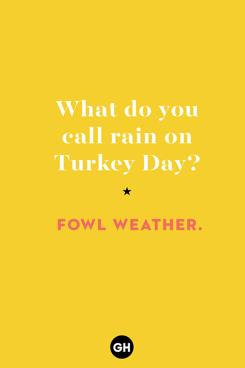 4) What do you call rain on Turkey Day? 1) What key can’t open any doors?, 2) What do you call a turkey who tells jokes?, 3) Why did the pie go to the dentist?, 4) Why don’t turkeys trust each other?, 5) Why did the corn go to therapy?, 6) What do you call a group of musical sweet potatoes?, 7) What do you call a running turkey?, 8) Why did the mashed potatoes go to therapy?, 9) What do you call a turkey on the day after Thanksgiving?, 10) Why did the turkey join the comedy club?, 11) What’s the best way to fix a broken pumpkin?, 12) Why did the cranberry blush?, 13) What do you need to make Thanksgiving s'mores?, 15) What's blue and covered in feathers?, 17) What did the ocean say when it saw the Mayflower crossing?, 18) Did you hear about the turkey that plays baseball?, 20) What did the pilgrim wear to dinner?, 21) What’s a pilgrim’s favorite dance?, 22) Why do pilgrims' pants always fall down?, 24) Did you hear the one about the rude turkey?, 25) What did Dad say when he was asked to say grace?, 26) Where did the Pilgrims stand after landing on Plymouth Rock?, 27) What do you call rain on Turkey Day?, 28) Why did the policeman stop you on your way home last Thanksgiving?, 29) Why was the turkey asked to join a band?, 30) When are turkeys the most grateful?, 31) Why didn't the pilgrim want to make the bread?, 32) How do little pumpkins cross the road?, 33) What Thanksgiving treat is the most popular at the kids' table?, 34) Why should you never tell secrets in a cornfield?, 35) What's something usually insulting, but not on Thanksgiving?, 36) What's the best song to sing when preparing your turkey?, 37) What should you expect at the end of Thanksgiving?, 38) Did you hear about the scarecrow who won first prize?, 39) Who should you invite to your Friendsgiving?, 40) What sound does a turkey's phone make?, 41) What do sweet potatoes wear to bed?, 44) Why is corn so popular on Thanksgiving?, 45) Why did the turkey bring a microphone to dinner?, 46) What's the smallest unit of measurement in the pilgrim cookbook?, 47) What do you call a sad cranberry?, 48) What do Thanksgiving and Halloween have in common?, 49) What did the mother turkey say to her disobedient children?, 50) What did the turkey say to the computer?, 51) What is a pumpkin's favorite sport?, 52) What kind of face does a pilgrim make when he's in pain?, 53) What was the turkey suspected of?, 54) What's the best way to stuff a turkey?, 55) Which side of the turkey has the most feathers?, 56) What would you get if you crossed a turkey with a ghost?, 57) What sound does a limping turkey make?, 59) What do you call a holiday dinner without the parents?, 60) What smells the best at a Thanksgiving dinner?, 61) What did the turkey say before it was roasted?, 62) What's a turkey's favorite Thanksgiving food?, 63) What happened when the turkey got into a fight?, 64) What’s the most musical part of a turkey?, 65) When is the turkey soup bad for your health?, 66) Why can’t you take a turkey to church?, 67) What do you call a running turkey?, 68) Why did the turkey cross the road?, 69) What role do green beans play in Thanksgiving dinner?, 70) Knock Knock. Who's there? Tamara., 71) What do you call a pilgrim's vocabulary?, 72) Why do turkeys gobble?, 73) Kevin James, 74) What's Frankenstein's favorite Thanksgiving dish?, 75) Jim Gaffigan, 76) Why was the Thanksgiving soup so expensive?, 77) What kind of key can't open doors?, 78) What did the turkey say to the turkey hunter on Thanksgiving Day?, 79) How did the salt and pepper welcome all the guests?, 81) When do you serve tofu turkey?, 82) If April showers bring May flowers, what do May flowers bring?, 83) What kind of music did the Pilgrims like?, 84) Why should you never set the turkey next to the dessert?, 85) Why did the turkey cross the road twice?