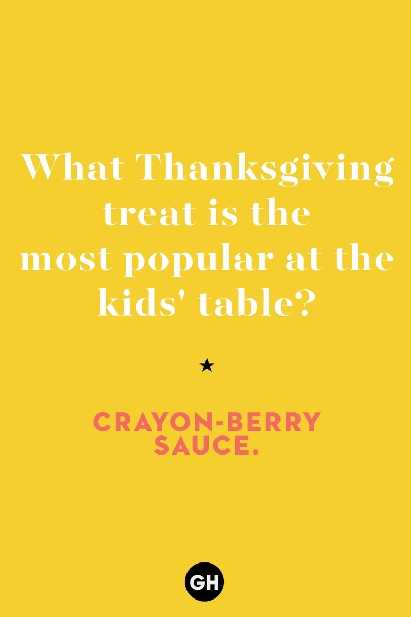 10) What Thanksgiving treat is the most popular at the kids' table? 1) What key can’t open any doors?, 2) What do you call a turkey who tells jokes?, 3) Why did the pie go to the dentist?, 4) Why don’t turkeys trust each other?, 5) Why did the corn go to therapy?, 6) What do you call a group of musical sweet potatoes?, 7) What do you call a running turkey?, 8) Why did the mashed potatoes go to therapy?, 9) What do you call a turkey on the day after Thanksgiving?, 10) Why did the turkey join the comedy club?, 11) What’s the best way to fix a broken pumpkin?, 12) Why did the cranberry blush?, 13) What do you need to make Thanksgiving s'mores?, 15) What's blue and covered in feathers?, 17) What did the ocean say when it saw the Mayflower crossing?, 18) Did you hear about the turkey that plays baseball?, 20) What did the pilgrim wear to dinner?, 21) What’s a pilgrim’s favorite dance?, 22) Why do pilgrims' pants always fall down?, 24) Did you hear the one about the rude turkey?, 25) What did Dad say when he was asked to say grace?, 26) Where did the Pilgrims stand after landing on Plymouth Rock?, 27) What do you call rain on Turkey Day?, 28) Why did the policeman stop you on your way home last Thanksgiving?, 29) Why was the turkey asked to join a band?, 30) When are turkeys the most grateful?, 31) Why didn't the pilgrim want to make the bread?, 32) How do little pumpkins cross the road?, 33) What Thanksgiving treat is the most popular at the kids' table?, 34) Why should you never tell secrets in a cornfield?, 35) What's something usually insulting, but not on Thanksgiving?, 36) What's the best song to sing when preparing your turkey?, 37) What should you expect at the end of Thanksgiving?, 38) Did you hear about the scarecrow who won first prize?, 39) Who should you invite to your Friendsgiving?, 40) What sound does a turkey's phone make?, 41) What do sweet potatoes wear to bed?, 44) Why is corn so popular on Thanksgiving?, 45) Why did the turkey bring a microphone to dinner?, 46) What's the smallest unit of measurement in the pilgrim cookbook?, 47) What do you call a sad cranberry?, 48) What do Thanksgiving and Halloween have in common?, 49) What did the mother turkey say to her disobedient children?, 50) What did the turkey say to the computer?, 51) What is a pumpkin's favorite sport?, 52) What kind of face does a pilgrim make when he's in pain?, 53) What was the turkey suspected of?, 54) What's the best way to stuff a turkey?, 55) Which side of the turkey has the most feathers?, 56) What would you get if you crossed a turkey with a ghost?, 57) What sound does a limping turkey make?, 59) What do you call a holiday dinner without the parents?, 60) What smells the best at a Thanksgiving dinner?, 61) What did the turkey say before it was roasted?, 62) What's a turkey's favorite Thanksgiving food?, 63) What happened when the turkey got into a fight?, 64) What’s the most musical part of a turkey?, 65) When is the turkey soup bad for your health?, 66) Why can’t you take a turkey to church?, 67) What do you call a running turkey?, 68) Why did the turkey cross the road?, 69) What role do green beans play in Thanksgiving dinner?, 70) Knock Knock. Who's there? Tamara., 71) What do you call a pilgrim's vocabulary?, 72) Why do turkeys gobble?, 73) Kevin James, 74) What's Frankenstein's favorite Thanksgiving dish?, 75) Jim Gaffigan, 76) Why was the Thanksgiving soup so expensive?, 77) What kind of key can't open doors?, 78) What did the turkey say to the turkey hunter on Thanksgiving Day?, 79) How did the salt and pepper welcome all the guests?, 81) When do you serve tofu turkey?, 82) If April showers bring May flowers, what do May flowers bring?, 83) What kind of music did the Pilgrims like?, 84) Why should you never set the turkey next to the dessert?, 85) Why did the turkey cross the road twice?