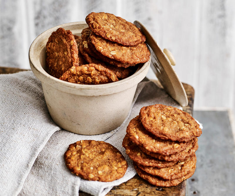 The best Anzac biscuits recipe of all time , Neenish tarts , Honey coconut cake with caramel icing , Vanilla slice , Women’s Weekly Duck Cake recipe , Our classic pavlova recipe , Australian Women’s Weekly Dolly Varden Cake , Pineapple upside-down cake , Black forest mud cake , Sponge roll with jam and cream , Poached pear and quince with almond crumble , Creamy rice pudding with cinnamon sugar , Tropical bombe alaska