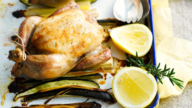 How to tell if your roast chicken is cooked,          Garlic butter roast chicken with heirloom tomatoes      ,          Best-ever air fryer roast chicken      ,          Roast chicken with cheesy green polenta      ,          Butterflied soy and ginger chicken      ,          Classic roast chicken with gravy      ,          Air fryer roast chicken with secret herbs and spices      ,          Chicken and artichoke pot roast      ,          French-style roast chicken      ,          Butterflied roast chicken with leek      ,          Roasted sumac chicken with baby vegetables      ,          Classic roast chicken      ,          Chicken in a pot      ,          Asian-style roast chicken      ,          Spanish-style roast chicken      ,          Cajun roast chicken with corn cream      ,          Moroccan roast chicken and cauliflower      ,          Tea brined roasted chicken      ,          Roast chicken with lemon and garlic      ,          Mustard roast chicken      ,          Paprika roast chicken with corn and polenta stuffing      ,          Roast chicken for two      ,          Roasted lemon thyme chicken      ,          Roast chicken with 40 cloves of garlic      ,          Tarragon roast chicken with crispy potatoes      ,          Garlic and oregano roast chicken      ,          Roast chicken with garlic potatoes and rosemary      ,          Lemon thyme and chilli roast chicken      ,          Roast chicken with broad beans and lemon      , Sides for your roast chicken dinner