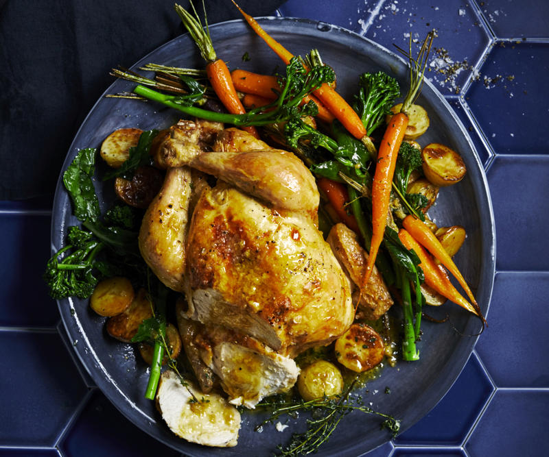How to tell if your roast chicken is cooked,          Garlic butter roast chicken with heirloom tomatoes      ,          Best-ever air fryer roast chicken      ,          Roast chicken with cheesy green polenta      ,          Butterflied soy and ginger chicken      ,          Classic roast chicken with gravy      ,          Air fryer roast chicken with secret herbs and spices      ,          Chicken and artichoke pot roast      ,          French-style roast chicken      ,          Butterflied roast chicken with leek      ,          Roasted sumac chicken with baby vegetables      ,          Classic roast chicken      ,          Chicken in a pot      ,          Asian-style roast chicken      ,          Spanish-style roast chicken      ,          Cajun roast chicken with corn cream      ,          Moroccan roast chicken and cauliflower      ,          Tea brined roasted chicken      ,          Roast chicken with lemon and garlic      ,          Mustard roast chicken      ,          Paprika roast chicken with corn and polenta stuffing      ,          Roast chicken for two      ,          Roasted lemon thyme chicken      ,          Roast chicken with 40 cloves of garlic      ,          Tarragon roast chicken with crispy potatoes      ,          Garlic and oregano roast chicken      ,          Roast chicken with garlic potatoes and rosemary      ,          Lemon thyme and chilli roast chicken      ,          Roast chicken with broad beans and lemon      , Sides for your roast chicken dinner
