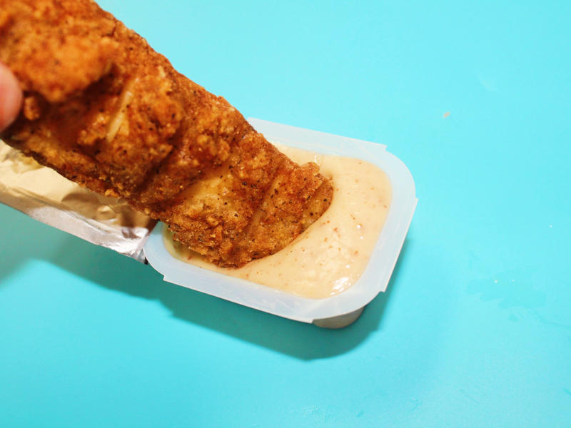 The tenders were well-breaded on the outside, though the breading wasn't as crispy or crunchy as others I tried. The chicken tenders were large and perfectly fried., The chicken tenders were crispy on the outside., However, there wasn't an abundance of chicken meat inside., Smashburger's chicken tenders were just slightly too fried for my liking., The chicken tenders, overall, tasted dry, even when paired with sauce., Next up were the crispy chicken tenders from Sonic Drive-In., The chicken tenders were evenly fried but on the thinner side., My ninth favorite chicken tenders came from Popeyes., The chicken tenders from Popeyes were crispy, flaky, and crunchy., The meat inside was flaky and moist as well., I thought the chicken tenders from Bojangles were flavorful and super crispy., I thought the chicken tenders were a good size., McDonald's just launched its new McCrispy Strips., The breading was relatively thin, but very crispy., The chicken strips packed a lot of flavor., Chick-fil-A's chicken tenders were perfectly crispy and juicy., The chicken tenders were nicely fried but still juicy on the inside., Wingstop's chicken tenders came in third place., The chicken tenders were large and well-breaded., These tenders were filled with real chicken., My second favorite chicken tenders came from Zaxby's., The chicken tenders were super crispy.