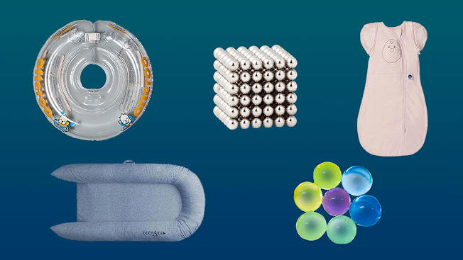 Infant Loungers, Infant Neck Floats, Weighted Baby Blankets, Swaddles, and Sleep Sacks, Water Beads, High-Powered Magnet Sets