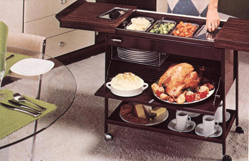 Heated hostess trolleys Blasts from the homeware past, Sunken seating areas, Garden swing seats, Geometric wallpaper, Silk and satin sheets, Sputnik Chandeliers, Heated hostess trolleys, Oversized table lamps, Painted door frames, Plaid decor, Mosaic-inspired patterns, Classic cookery aids, Spinning colanders, Plates on walls, Decorating with stripes, Silent servants, Toile Du Jouy prints, Step-up baths, Chrome furnishings, Bed curtains and canopies, Mid-century stonework, Teasmade, Dark wooden cladding, Transom windows, Window seats, Writing desks, Airing cupboards, Clothes drying racks, Stable doors, Hostess trolleys, TV cabinets, Biscuit tins, Radio alarm clocks, Lazy Susans, Magazine racks, Clotheslines, Doorstep shoe scrapers, Paper towel holders, Dish-drying cabinets, Wicker shopping baskets, Terrific teapots, Cast iron trivets, TV tray tables, Bathtub caddies, Laundry chutes, Modular sofas, Serving hatches