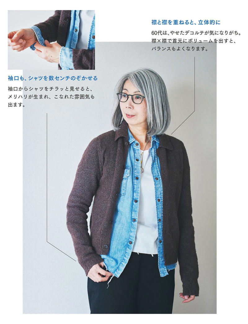 重ねると、奥行きと抜け感が生まれる！, Ｔシャツをのぞかせてメリハリを出す, インからのぞくチェックがアクセント, カーディガンも2枚 重ねて奥行きを演出, ベストを重ねて、こなれた雰囲気に, 裾からシャツを出して立体的に！, カーデ＋ストールで動きのあるコーデに