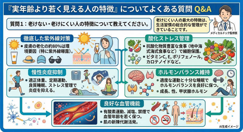 男女問わず若く見えるの共通点, 表情が豊かで笑顔が多い, 体重管理ができていて適正体重を維持している, 紫外線対策を徹底している, 良質な睡眠を十分に取っている, 適度な運動習慣がある, 「実年齢より若く見える人の特徴」についてよくある質問, 老けない・老けにくい人の特徴について教えてください。