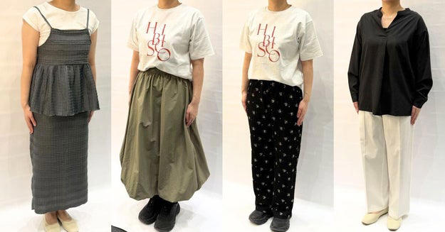 1.「レイクールボーダーキャミセット」、「レイクール ボーダースカート」, 2.「タフコットン プリントTシャツ」, 3.「デニムプリントストレートパンツ」, 4.「撥水バルーンスカート」, 5.「シャーリング総柄ワイドパンツ」, 6.「シーンレス遮熱ブラウス」, 7.「ジョブライト ワイドパンツ」