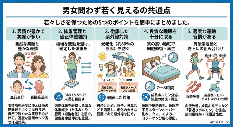 男女問わず若く見えるの共通点, 表情が豊かで笑顔が多い, 体重管理ができていて適正体重を維持している, 紫外線対策を徹底している, 良質な睡眠を十分に取っている, 適度な運動習慣がある, 「実年齢より若く見える人の特徴」についてよくある質問, 老けない・老けにくい人の特徴について教えてください。
