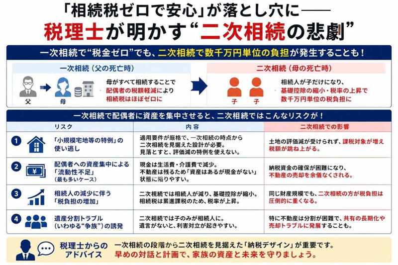 「小規模宅地等の特例」の使い逃し, 配偶者への資産集中による「流動性不足」（最も多いケース）, 相続人の減少に伴う「税負担の増加」, 遺産分割トラブル（いわゆる“争族”）の誘発,  税理士ドットコム 