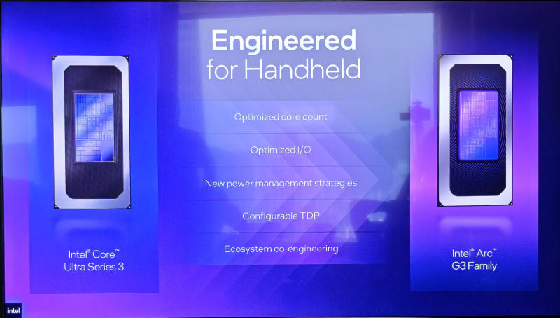Intelのハンドヘルドゲーミング向けとしては第3世代となるArc G3, 同じPanther LakeでもPコアが4から2に、ディスプレイ出力が3から2、TB4が4から2に, Ryzen Z2 Extremeと比較して性能が平均42%向上し、同じ性能なら電力は半分に, OneXPlayer 3も公開される