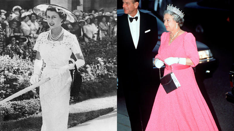 From her coronation dress to her rainbow daywear.