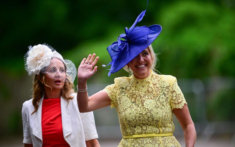 Princess of Wales, Catherine accessorised with earrings by one of her favourite jewellers, Kiki McDonough., King Charles arrived wearing classic morning dress with a cream waistcoat., Viscount Linley, Lady Sarah Chatto, Lavinia Brennan and Jamie Richards, Boden dress