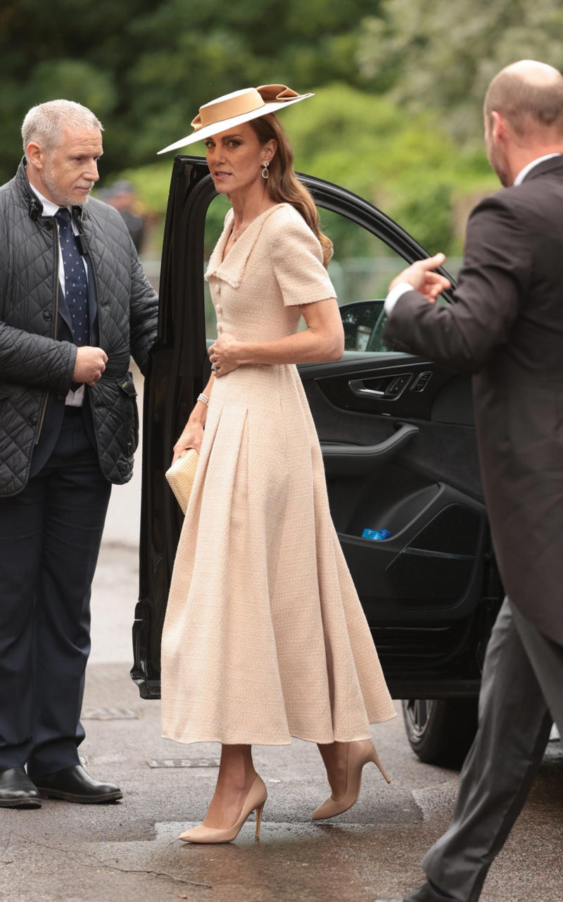 Princess of Wales, Catherine accessorised with earrings by one of her favourite jewellers, Kiki McDonough., King Charles arrived wearing classic morning dress with a cream waistcoat., Viscount Linley, Lady Sarah Chatto, Lavinia Brennan and Jamie Richards, Boden dress
