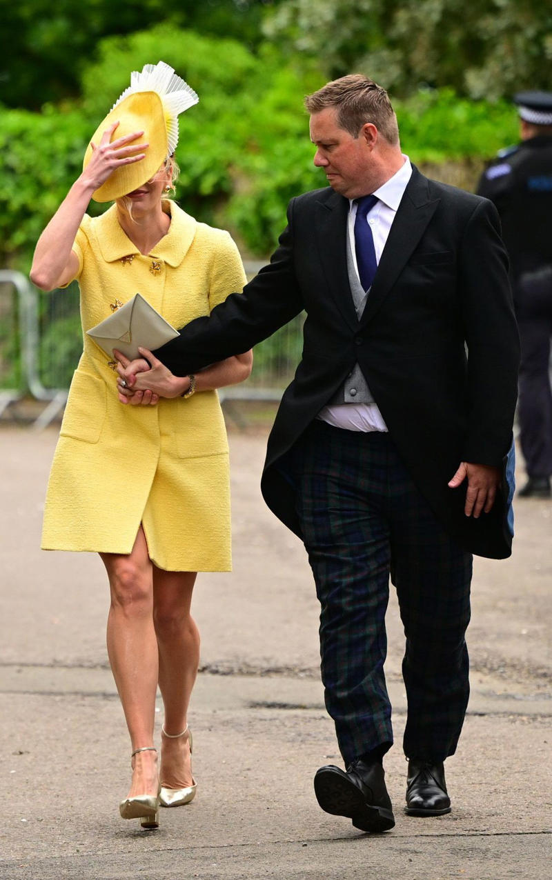 Princess of Wales, Catherine accessorised with earrings by one of her favourite jewellers, Kiki McDonough., King Charles arrived wearing classic morning dress with a cream waistcoat., Viscount Linley, Lady Sarah Chatto, Lavinia Brennan and Jamie Richards, Boden dress