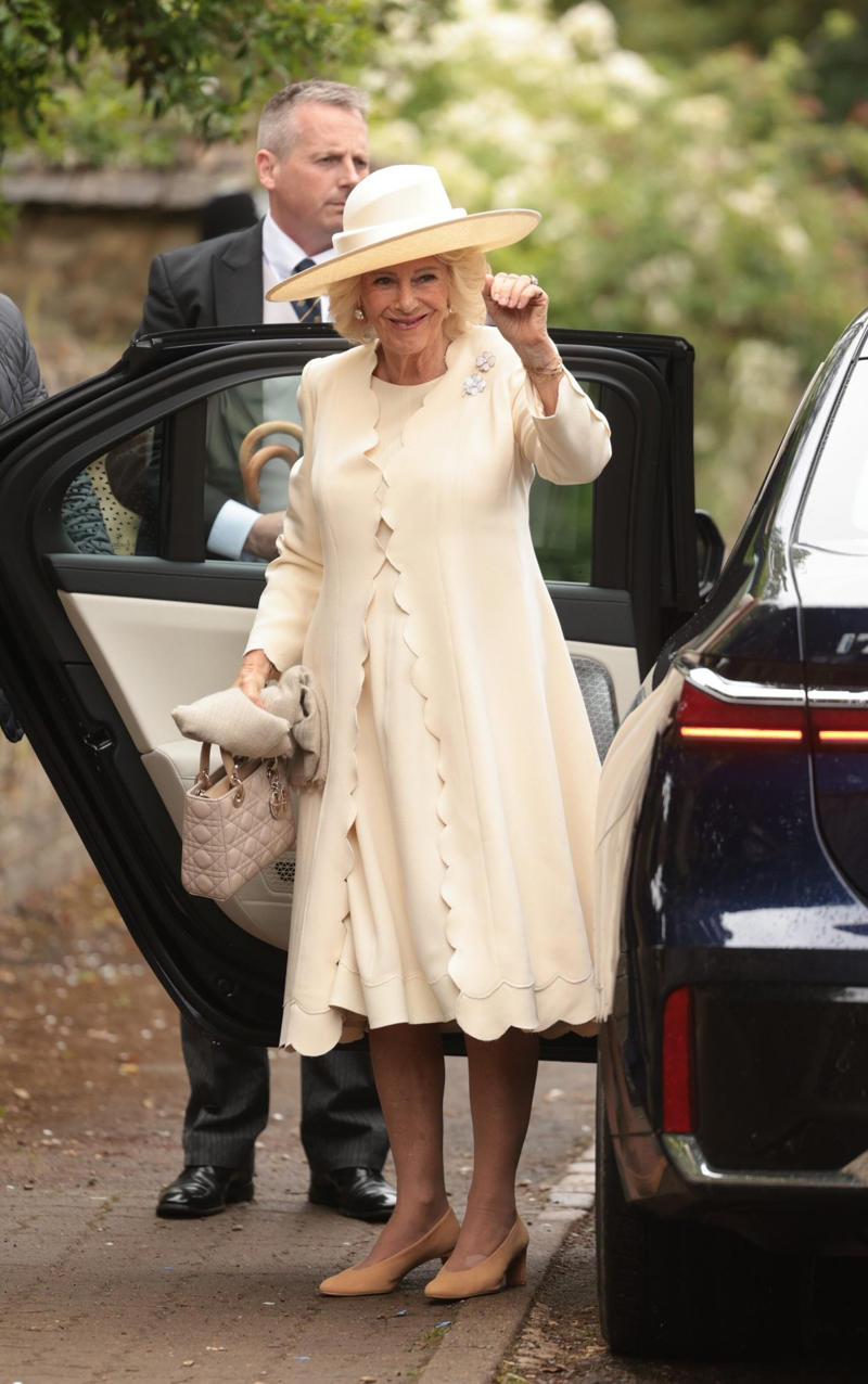 Princess of Wales, Catherine accessorised with earrings by one of her favourite jewellers, Kiki McDonough., King Charles arrived wearing classic morning dress with a cream waistcoat., Viscount Linley, Lady Sarah Chatto, Lavinia Brennan and Jamie Richards, Boden dress