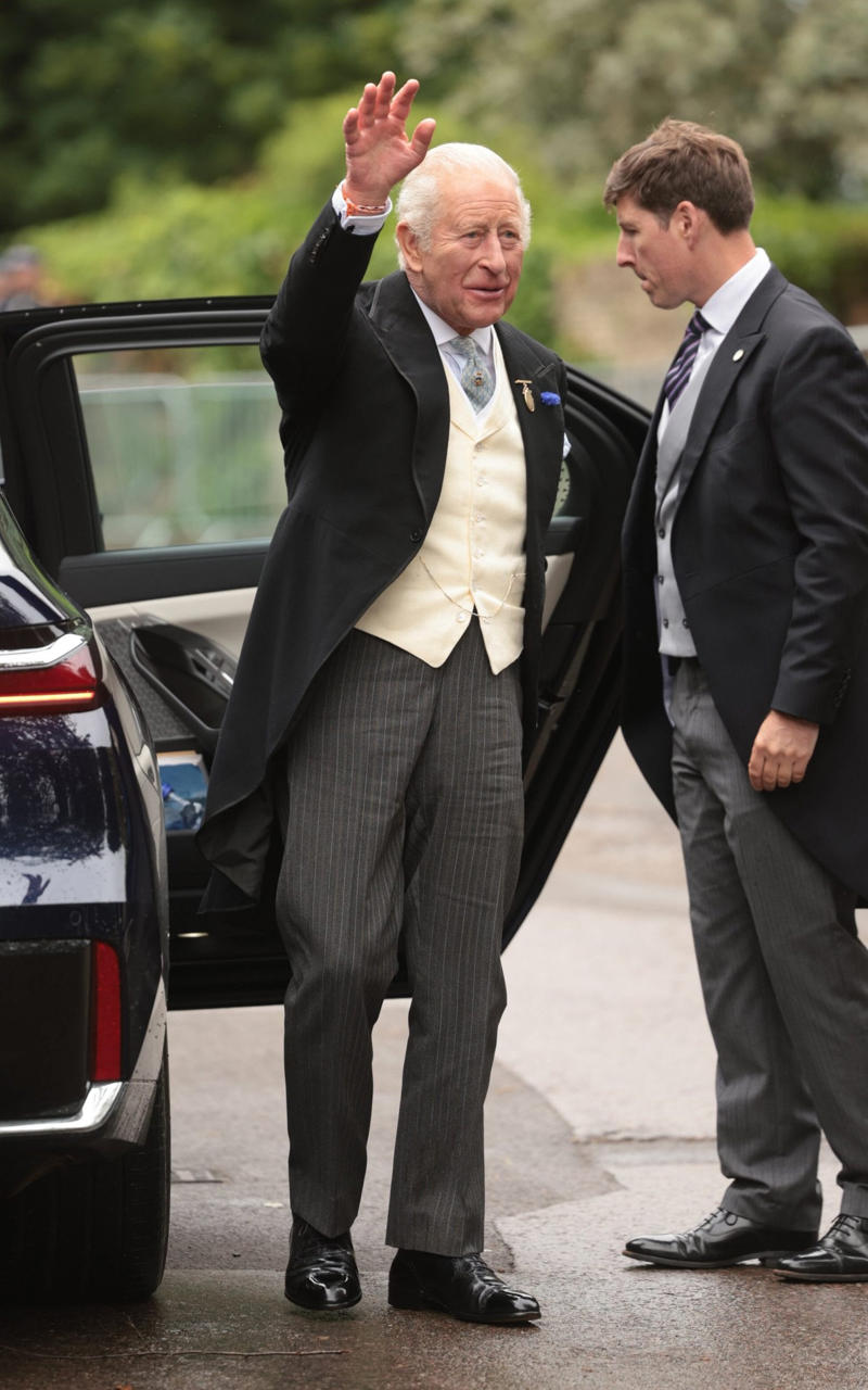 Princess of Wales, Catherine accessorised with earrings by one of her favourite jewellers, Kiki McDonough., King Charles arrived wearing classic morning dress with a cream waistcoat., Viscount Linley, Lady Sarah Chatto, Lavinia Brennan and Jamie Richards, Boden dress