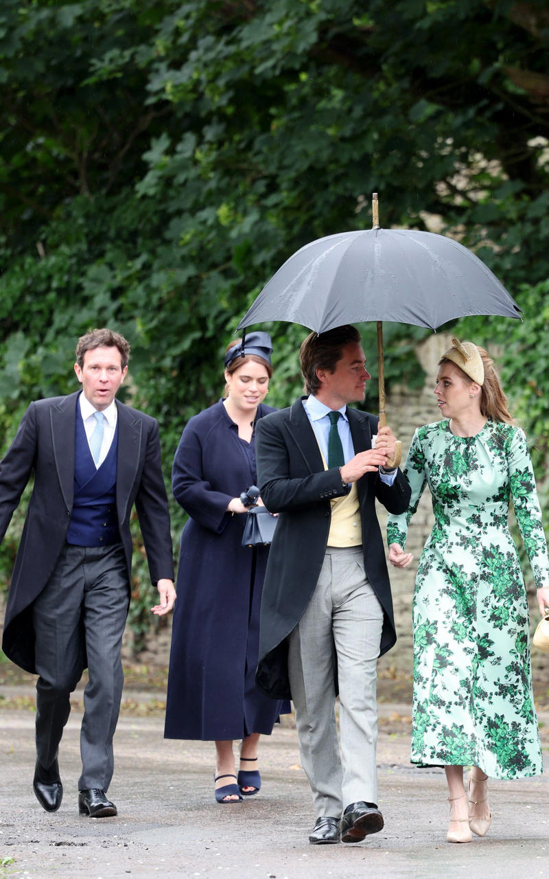 Princess of Wales, Catherine accessorised with earrings by one of her favourite jewellers, Kiki McDonough., King Charles arrived wearing classic morning dress with a cream waistcoat., Viscount Linley, Lady Sarah Chatto, Lavinia Brennan and Jamie Richards, Boden dress