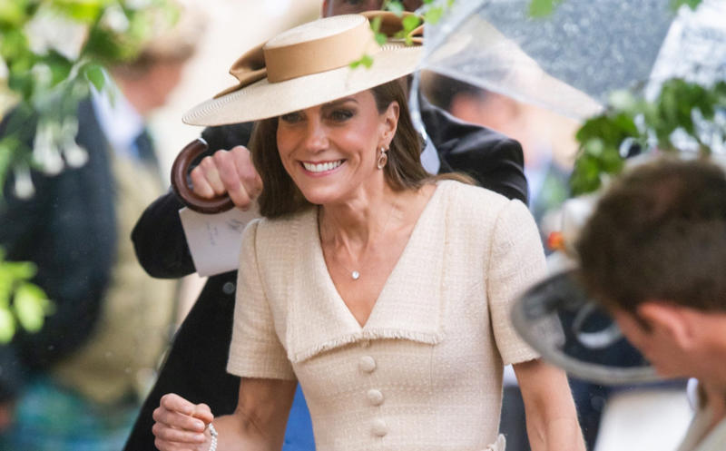 Princess of Wales, Catherine accessorised with earrings by one of her favourite jewellers, Kiki McDonough., King Charles arrived wearing classic morning dress with a cream waistcoat., Viscount Linley, Lady Sarah Chatto, Lavinia Brennan and Jamie Richards, Boden dress