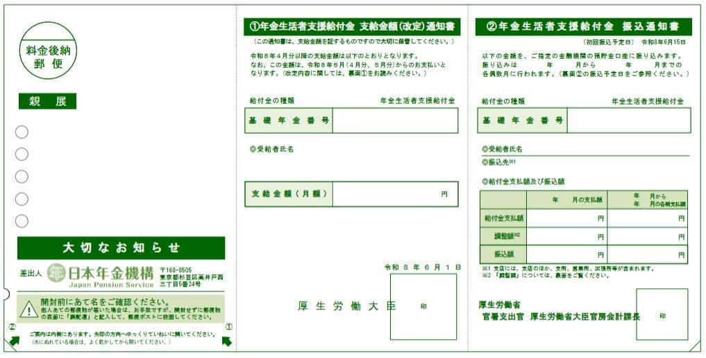 【年金生活者支援給付金】3種類の給付金「共通の支給要件」はなに?, 「老齢年金生活者支援給付金」支給要件, 「障害年金生活者支援給付金」「遺族年金生活者支援給付金」の対象者, 【年金生活者支援給付金】対前年度+3.2%増額「月5620円」を基準に年金に上乗せ!, 【2026年度】年金生活者支援給付金の給付額, 【年金生活者支援給付金】5~6月に届く「4種の通知書」受給状況で届くものが変わる!, 年金と給付金を同時に受け取っている方, 4月中に給付金が不該当となった方, 郵便局の窓口で受け取る方, 封筒で通知書が届く方