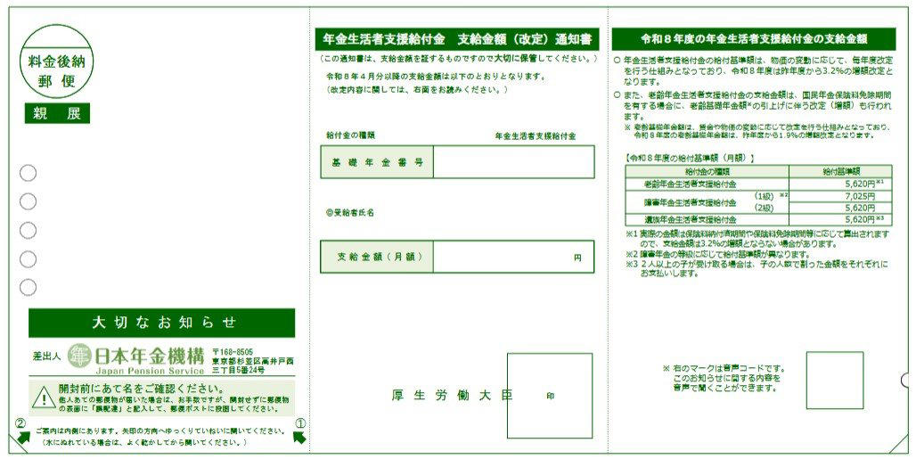 【年金生活者支援給付金】3種類の給付金「共通の支給要件」はなに?, 「老齢年金生活者支援給付金」支給要件, 「障害年金生活者支援給付金」「遺族年金生活者支援給付金」の対象者, 【年金生活者支援給付金】対前年度+3.2%増額「月5620円」を基準に年金に上乗せ!, 【2026年度】年金生活者支援給付金の給付額, 【年金生活者支援給付金】5~6月に届く「4種の通知書」受給状況で届くものが変わる!, 年金と給付金を同時に受け取っている方, 4月中に給付金が不該当となった方, 郵便局の窓口で受け取る方, 封筒で通知書が届く方