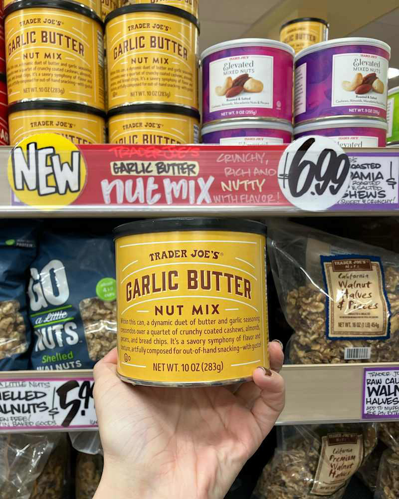 1. Salted Caramel Mochi, .99 for 6.8 ounces, 2. Ranch Rolled Corn Tortilla Chips, .99 for 9 ounces, 3. Carrot Cake Whipped Cream Cheese, .79 for 8 ounces, 4. Danish Oat Cookies, .49 for 10 ounces, 5. Garlic Butter Nut Mix, .99 for 10 ounces