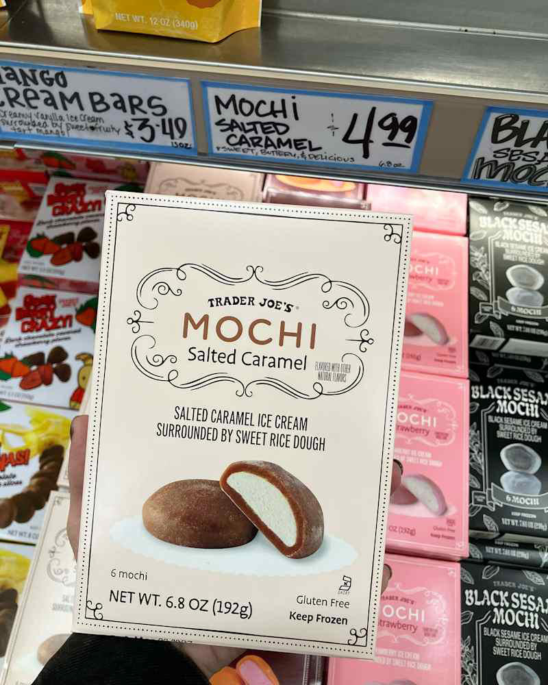 1. Salted Caramel Mochi, .99 for 6.8 ounces, 2. Ranch Rolled Corn Tortilla Chips, .99 for 9 ounces, 3. Carrot Cake Whipped Cream Cheese, .79 for 8 ounces, 4. Danish Oat Cookies, .49 for 10 ounces, 5. Garlic Butter Nut Mix, .99 for 10 ounces