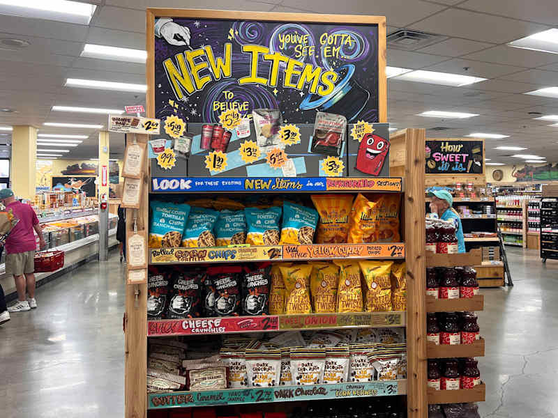 1. Salted Caramel Mochi, .99 for 6.8 ounces, 2. Ranch Rolled Corn Tortilla Chips, .99 for 9 ounces, 3. Carrot Cake Whipped Cream Cheese, .79 for 8 ounces, 4. Danish Oat Cookies, .49 for 10 ounces, 5. Garlic Butter Nut Mix, .99 for 10 ounces