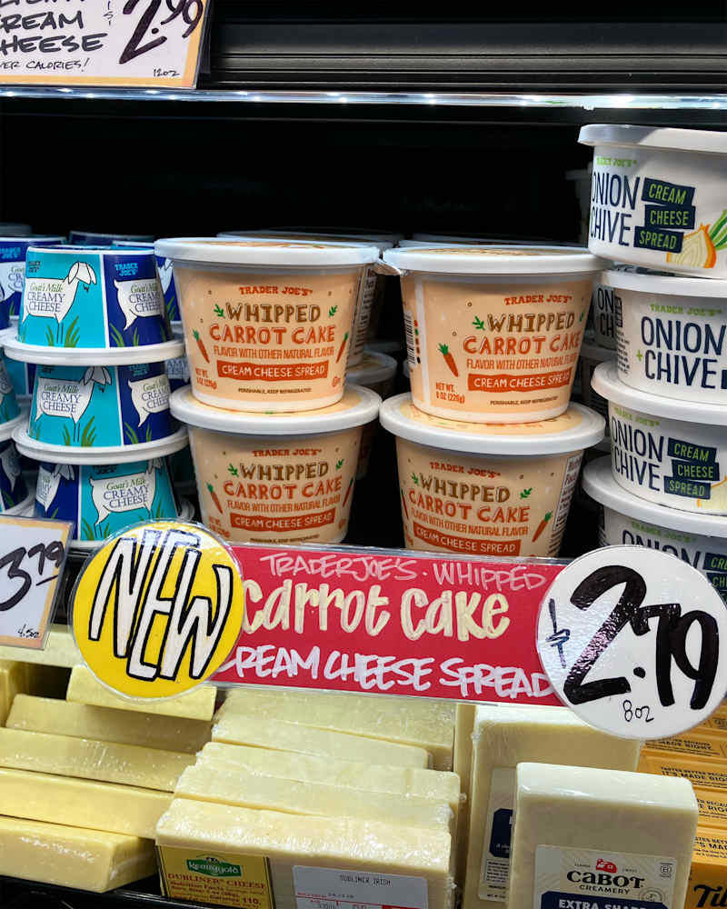 1. Salted Caramel Mochi, .99 for 6.8 ounces, 2. Ranch Rolled Corn Tortilla Chips, .99 for 9 ounces, 3. Carrot Cake Whipped Cream Cheese, .79 for 8 ounces, 4. Danish Oat Cookies, .49 for 10 ounces, 5. Garlic Butter Nut Mix, .99 for 10 ounces