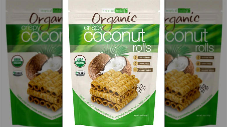 Tropical Fields organic crispy coconut rolls Kirkland Signature bakery gourmet chocolate chunk cookies, Mott's fruit snacks, Sensible Portions Garden Veggie Straws, Nature's Garden Probiotic Strawberry Yoggies, Nutella and Go! hazelnut and cocoa spread with breadsticks, Entenmann's Little Bites Party Cake Muffins, Kirkland Signature organic whole milk, Tropical Fields organic crispy coconut rolls