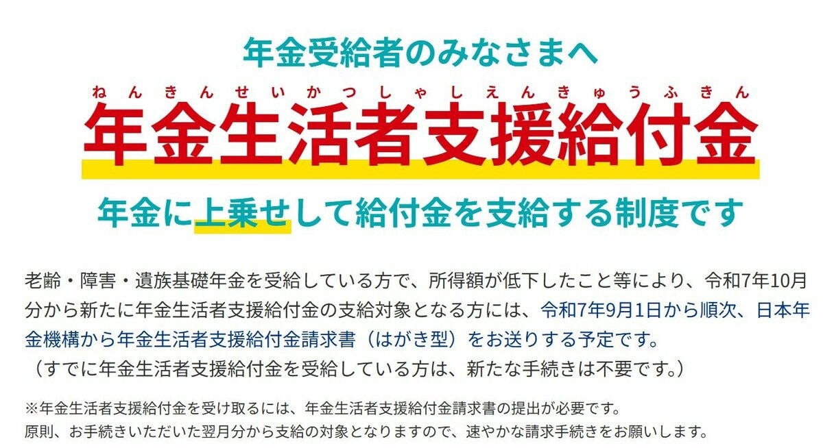 年金に上乗せ支給される「年金生活者支援給付金」とは？, 「年金生活者支援給付金」はどんな人が受け取れる？, 「老齢年金生活者支援給付金」の支給対象となる3つの条件を整理, 【2026年度】「年金生活者支援給付金」の給付額は？, 「老齢年金生活者支援給付金」は基準額通りに受け取れるとは限らない, 申請しないと支給額は0円。「年金生活者支援給付金」の申請方法は？, 申請方法1：これから老齢年金の受給を開始する方（緑の封筒）, 申請方法2：すでに年金を受給中の方（うす緑の封筒）, 申請方法3：老齢基礎年金を繰上げ受給中の方（うすだいだい色の封筒）, 年金生活者支援給付金の仕組みと申請のポイントを押さえておこう