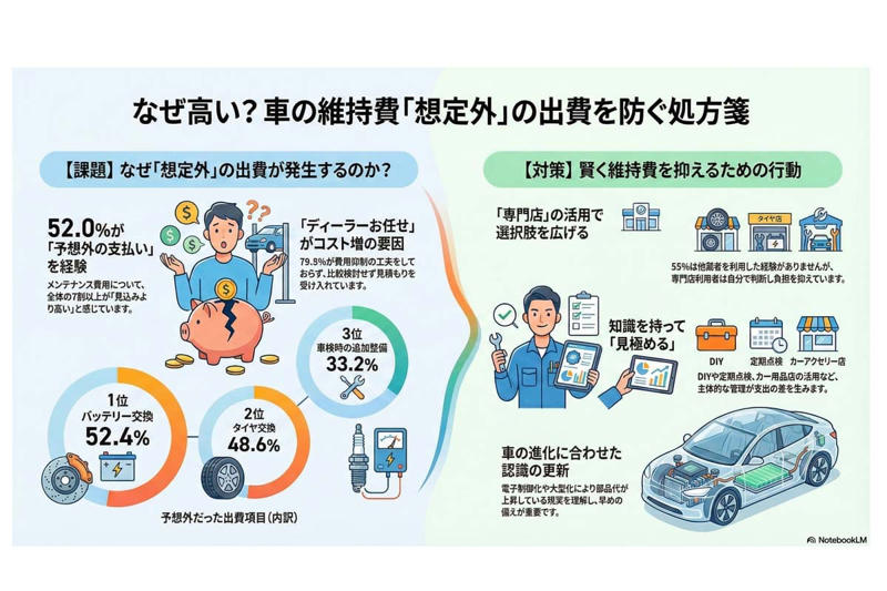 見積もり超過の常態化, 費用抑制行動の欠落, 電装化による負担増, 車検集中整備の負担増, 自主的対応層の広がり, 維持費上昇の長期傾向