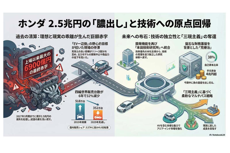 EV方針の遅れと巨額損失の発生, 北米依存の販売構造, 存在意義の明確化を迫る局面, 2.5兆円損失と組織の見直し, 歴史に重なる現状と三現主義の原点, 社長続投と責任論の整理, 研究開発の自由度と競争復活, 実力主義回帰と成長見通し