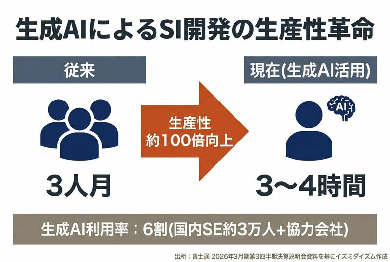 【富士通】売上は微増、しかし利益は「ほぼ倍」という驚異の決算, 利益倍増のカラクリをPL（損益計算書）から読み解く, グロスマージン（粗利率）改善を支える「3つの要因」, 生産性が「100倍」に？AIがもたらすSIerの現場革命, ラピダス出資から考える「最終製品」の重要性, まとめ：AIの進化と富士通の次なる一手