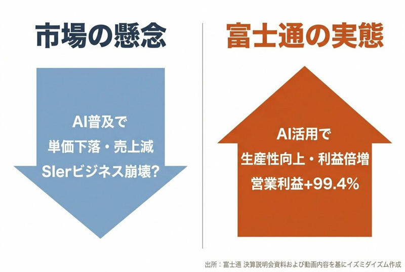 好調だった富士通の株価、なぜ急落したのか？, 決算が浮き彫りにした「市場の懸念」と「実態」のギャップ, 富士通、利益倍増のカラクリは「AIによる生産性100倍」, 株価見直しの可能性と投資家としての視点, ラピダス出資から読み解く「ニュースの見極め方」