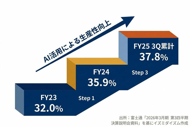 好調だった富士通の株価、なぜ急落したのか？, 決算が浮き彫りにした「市場の懸念」と「実態」のギャップ, 富士通、利益倍増のカラクリは「AIによる生産性100倍」, 株価見直しの可能性と投資家としての視点, ラピダス出資から読み解く「ニュースの見極め方」