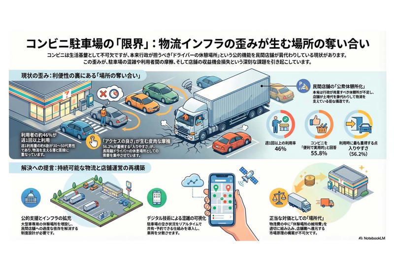 生活基盤としてのコンビニ利用実態, コンビニに対する不満の全体像, 駐車場問題に見る物流の逼迫, 公的整備の遅れと市場構造の歪み, 分離困難な利用空間への制度的対応, 輸送基盤と日常消費の接点に生じる課題
