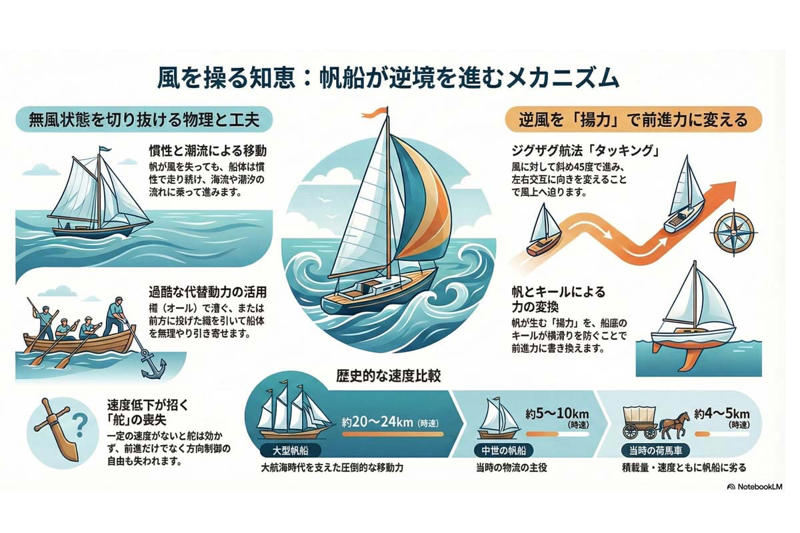 無風下で失われる推進力と漂流状態, 慣性維持と人力補完による航行手段, 逆風航行を可能にするタッキングと揚力原理, ハイブリッド化と再評価される帆船の持続可能性