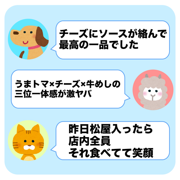 松屋で人気の「うまトマ」が、牛めしで登場したので食べてみました！, ニンニクが効いたトマトソースと、チーズがかかった牛めし。, ニンニクの香りで、食欲が全開です！, お肉、チーズ、うまトマソースがベストマッチ！, SNSでも絶賛の声！次はアレンジして食べたいです。