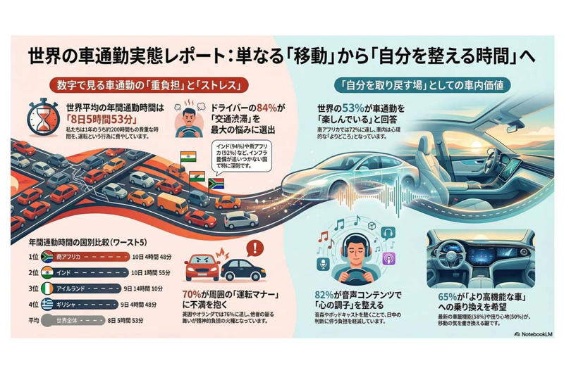 通勤時間と生産性の関係, 通勤運転に対する満足度の実態, 渋滞とマナーへの不満集中, 通勤時間の価値転換, 装備強化がもたらす満足度向上